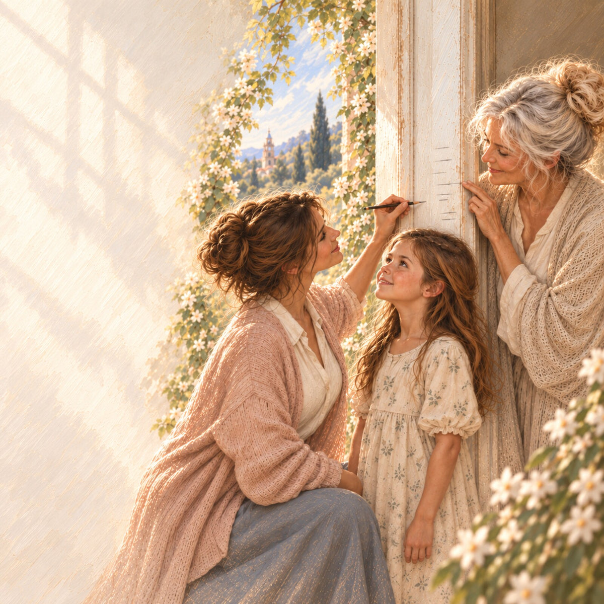 An older woman, adult woman and girl sharing a quiet moment by a sunlit window.