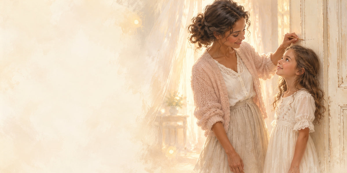 Romantic painterly portrait of a mother and daughter sharing a moment in warm light