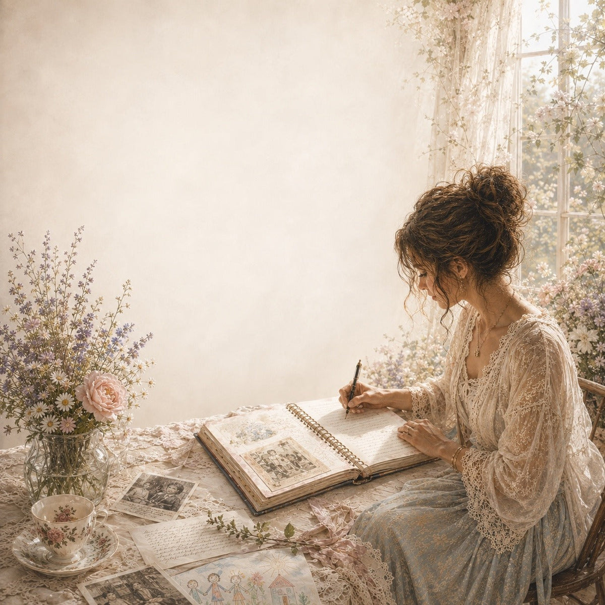A woman writing in an open memory book at a lace-covered table.