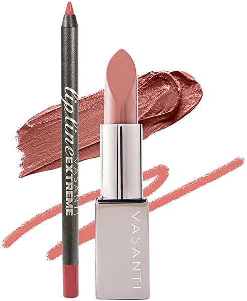 VASANTI Lip of the Day Pretty in Pink - Pink Sorbet + Zen Time - Anti-Feathering, Longwear, Matte, Slim Lip Liner Pencil - Waterproof, Nude, Smudge-proof Lipstick - Natural, Organic, Lip Kit