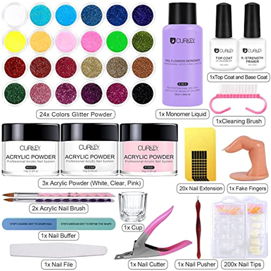 Curkey Acrylic Nail Kit 24 Colors of Glitter Acrylic Powder Liquid M