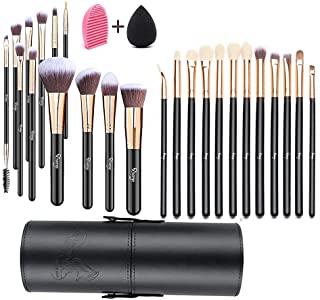 12 PC Eye Brushes and 12 PCS Foundation Makeup Brush Set with Holder + Makeup Sponge & Brush Cleaner