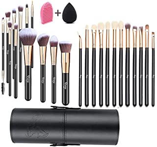 12 PC Eye Brushes and 12 PCS Foundation Makeup Brush Set with Holder + Makeup Sponge & Brush Cleaner