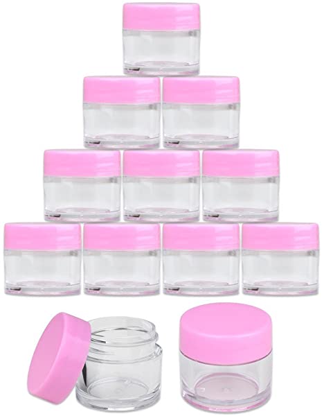 Beauticom High-Graded Quality 7 Grams/7 ML (Quantity: 24 Packs) Thick Wall Clear Plastic LEAK-PROOF Jars Container with PINK Lids for Cosmetic, Lip Balm, Lip Gloss, Creams, Lotions, Liquids