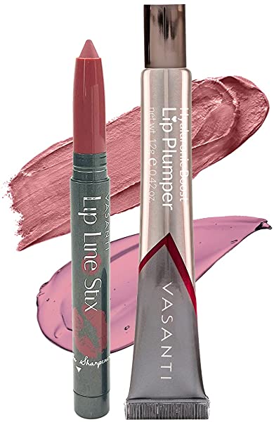 VASANTI Lip of the Day Poppin Bubbles - Natural Instinct + Amp Up Pink - Longwear, Matte, Hydrating Lip Liner Lipstick - Enhances Pout, Non-Sticky, Hyaluronic Boost Lip Plumper Lip Gloss - Natural, Organic, Paraben-Free Lip Kit
