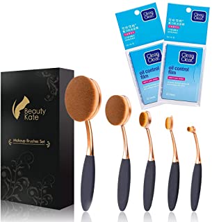 Beauty Kate Oval/Toothbrush Makeup Brushes Set of 5 Pcs + Oil Control Film Pack of 2