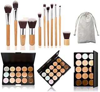 AMarkUp 15 Colors Cosmetics Cream Contour Foundation Concealer Palette with 11pcs Bamboo Face Makeup Brushes Set