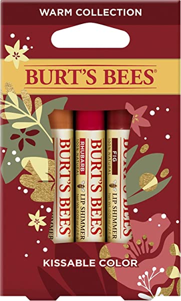 Burt's Bees Kissable Color Holiday Gift Set, 3 Lip Shimmers in Festive Gift Box, Warm Collection in Peony, Fig and Rhubarb