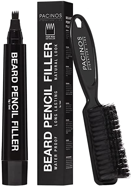 Pacinos Beard Pencil Filler - Water Proof, Long Lasting Coverage & Natural Finish - Beard, Moustache & Eyebrows - Micro-Fork Tip for Seamless Application - Includes Bristle Brush for Blending (Black)