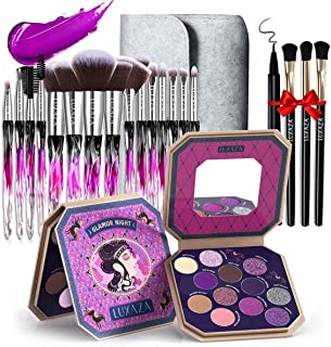 LUXAZA 15PCS Professional Makeup Brushes With 12 Colors Purple Eyeshadow Palette Makeup Set