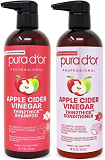 PURA D'OR Apple Cider Vinegar Thin2Thick Set Shampoo Conditioner for Regrowth, Hair Loss, Clarifying, Detox (2 x 16oz) Biotin, Keratin, Caffeine, Castor Oil, All Hair Type, Men/Women, Packaging varies