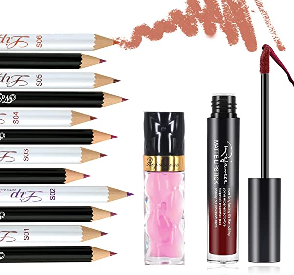 Lip Liner Set with 12 Colors, Lip Plumper with Grape, Long Lasting Matte Lip Gloss with Single Color