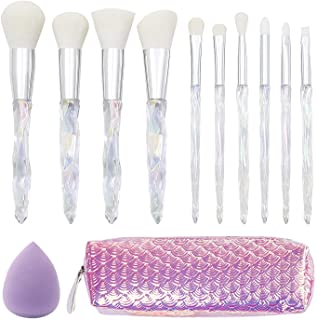 10Pcs Crystal Handle Makeup Brushes Set W/Cosmetic Bag and Makeup Egg Tools Contour Blush Foundation Concealers Highlighter Eye Shadows Cosmetic Brushes Kits (WH)