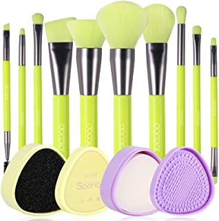 Docolor 11Pcs Neon Green Makeup Brush Set + Makeup Brushes Cleaner Set,Premium Synthetic Kabuki Foundation Blending Rainbow Make Up Brush Set with Solid Soap Cleanser & Color Removal Sponge