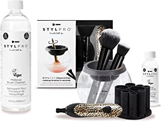 STYLPRO Cheetah Electric Makeup Brush Cleaner, Spinning Brush Dryer Machine Gift Set and 8 Brush Collars with Makeup Brush Cleanser for Non-Soluble Makeup, 500 ml (16.9 fl oz)…