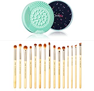 Jessup Bamboo Professional Eye Makeup Brushes Set bundled with Jessup Makeup Brushes Cleaning Mat with Color Removal Sponge
