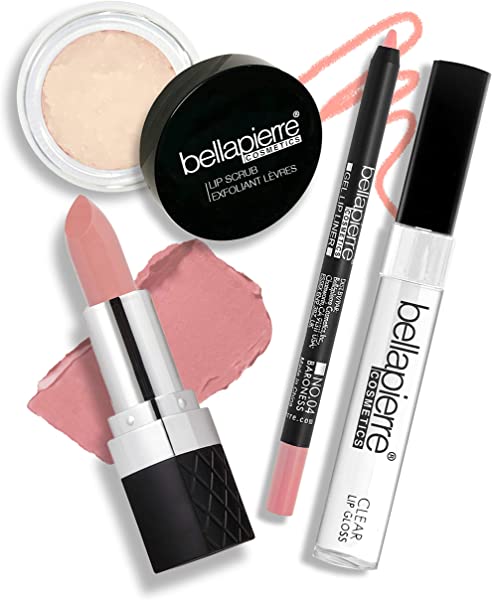 bellapierre Best in Pout Kit | Lip Scrub, Mineral Lipstick, Gel Lip Liner & Clear Lip Gloss | Non-Toxic and Paraben Free | Oil and Cruelty Free - Baroness