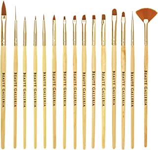 Beaute Galleria 15 Pieces Nail Art Brush Set for Detailing, Striping, Blending, One-Stroke Nail Art with Gel Brushes, Painting Brushes, 3D Brush, Dotting Tool, Fan Brush and Liner